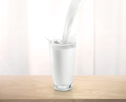 Pouring milk into glass cup with splashing, on wooden table
