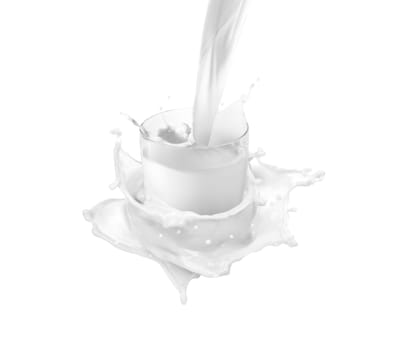 pouring a glass of milk creating splash, isolated on a white background