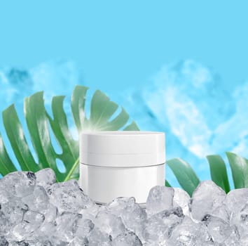 Whitening cream in a glistening white spherical base packaging with ice cubes on blue background and tropical plants, for cosmetic advertisements