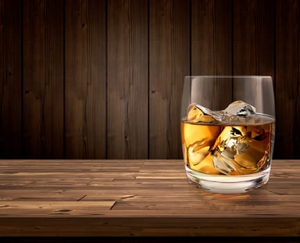 Whiskey and ice on a wooden table. 3d render