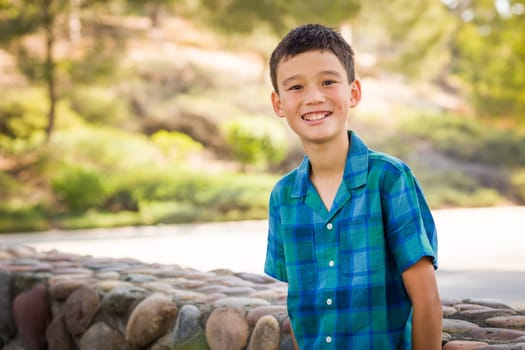 Outdoor portrait of a biracial Chinese and Caucasian boy.