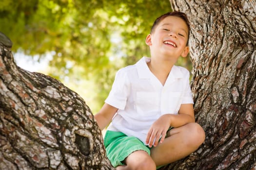 Outdoor portrait of a biracial Chinese and Caucasian boy.