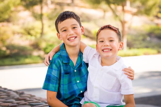 Outdoor portrait of biracial Chinese and Caucasian brothers.