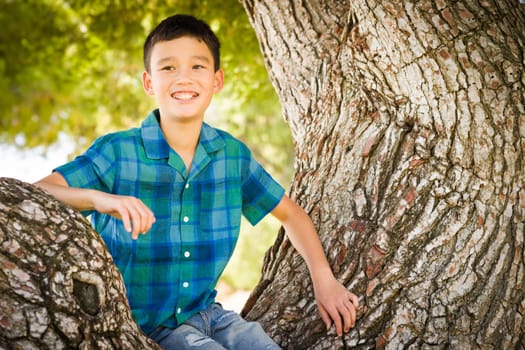 Outdoor portrait of a biracial Chinese and Caucasian boy.
