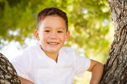 Outdoor portrait of a biracial Chinese and Caucasian boy.