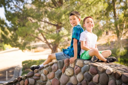 Outdoor portrait of biracial Chinese and Caucasian brothers.