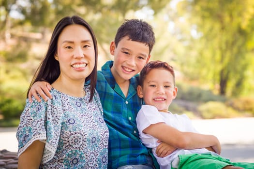 Outdoor portrait of biracial Chinese and Caucasian brothers and their mother.