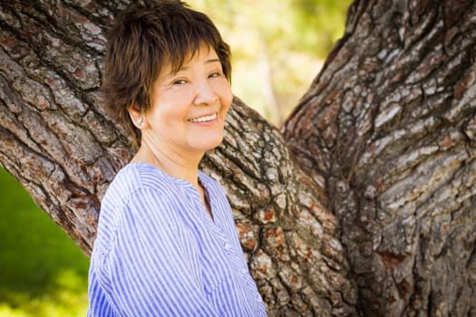 Outdoor portrait of a happy senior adult Chinese woman.