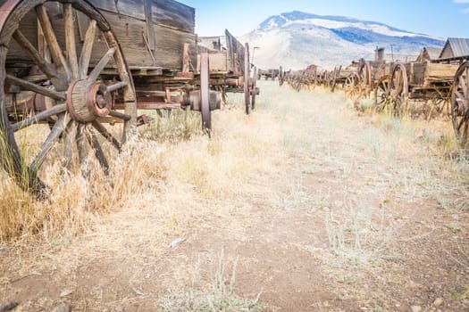 Abstract of Vintage Antique Wood Wagons and Wheels.