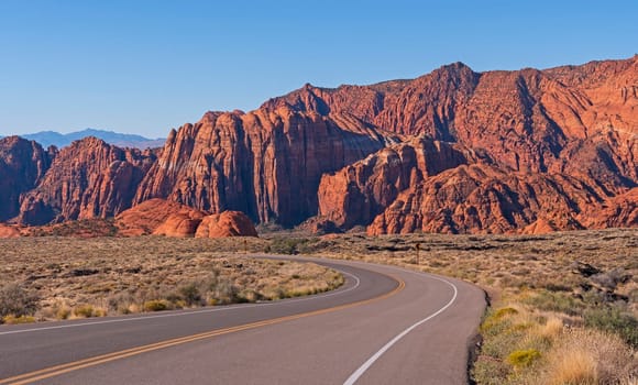 Road Into A Red Rocks Canyon in Snow Canyon State Park in Utah