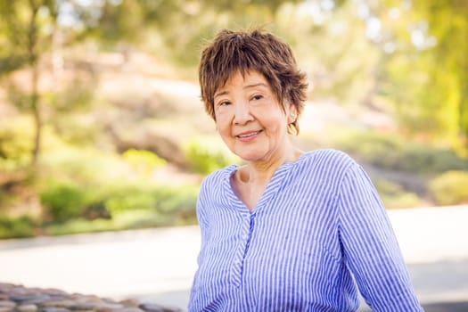 Outdoor portrait of a happy senior adult Chinese woman.