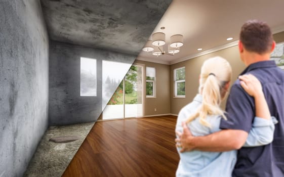 Young Adult Couple Looking At Before and After Remodelling of Empty Room In House.