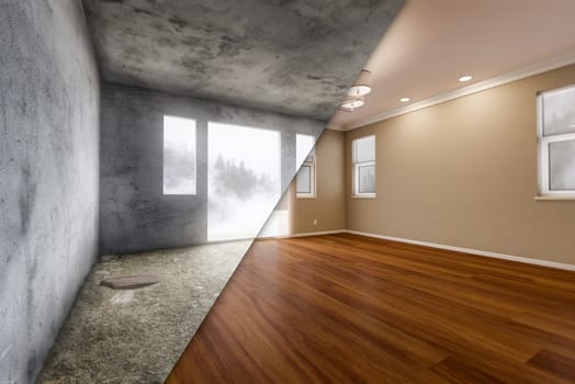 Unfinished Raw and Newly Remodeled Room Of House with Finished Wood Floors, Moulding, Paint and Ceiling Lights.