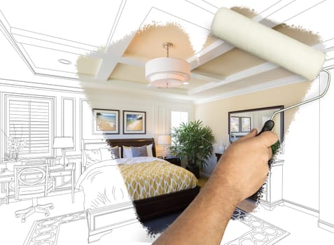 Before and After of Man Painting Roller to Reveal Newly Remodeled Master Bedroom Under Pencil Drawing Plans.