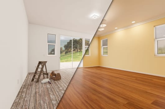 Unfinished Raw and Newly Remodeled Room of House Before and After with Wood Floors, Moulding, Light Yellow Paint and Ceiling Lights.