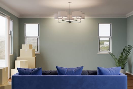 3D Illustration of Several Cardboard Moving Boxes, Couch and Plant on Floor of Empty Room of House with Blank Wall.