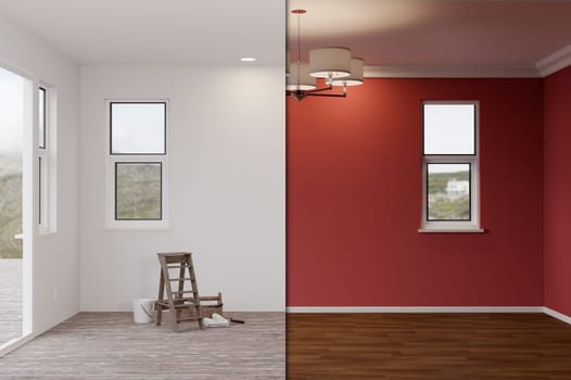 3D Illustration of Unfinished Raw and Newly Remodeled Room of House Before and After with Wood Floors, Moulding, Dark Red Paint and Ceiling Lights.