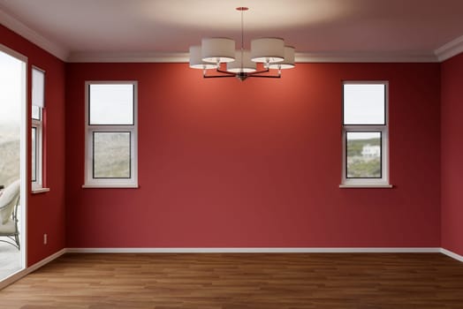 3D Illustration of Newly Remodeled Room of House with Wood Floors, Moulding, Deep Red Paint and Ceiling Lights..