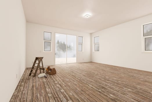 Ladder and Painting Equipment In Raw Unfinished Room of House with Blank White Walls and Worn Wood Floors.