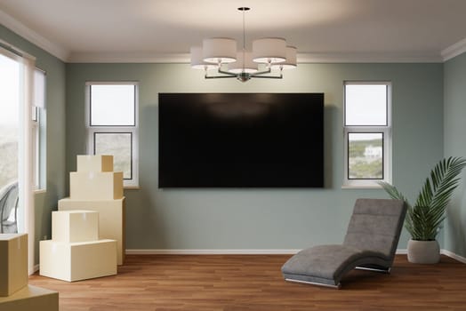 3D Illustration of Several Cardboard Moving Boxes, Chair, Plant and Blank Wall Mounted TV in Room.