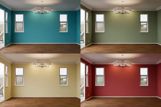 3D Illustration of Comparison of Newly Remodeled Room of House with Wood Floors, Moulding, Ceiling Lights and Four Different Painted Wall Colors.