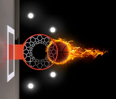 3D render of fiery basketball ball flying to hoop on black background
