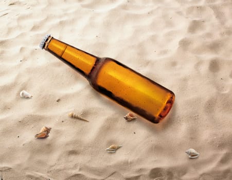 Bottle of beer on the beach being carried by sea waves to the shore
