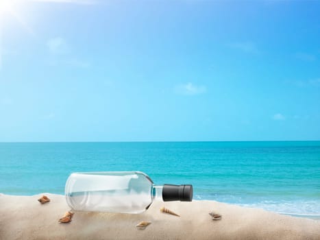 clear glass bottle on the beach being carried by sea waves to the shore. 3d render