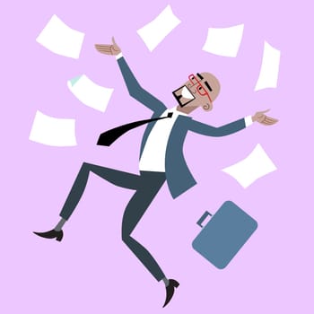 African businessman rejoices luck success. Man throws business papers
