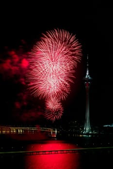 Celebration of New Year in Macau with fireworks beside the Tower Convention and Sai Van bridge