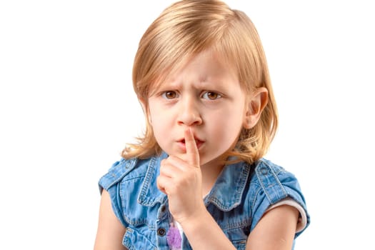Portrait of little girl making hush sign