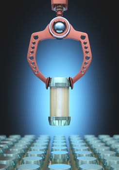 Claw robotics choosing a bottle among many others. Clipping path included on the bottle.