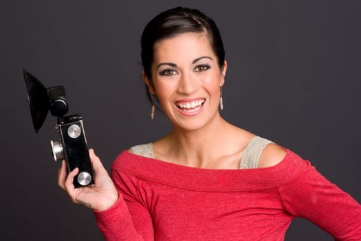 Woman Wearing Red with vintage camera