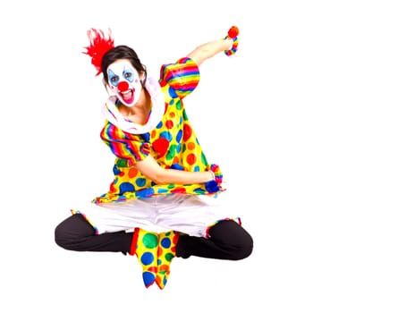 Color Clown Flies Jump Dancing into Air During Performance
