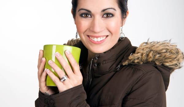 Winter Cup Woman Wearing Coat Snuggles Coffee Cup