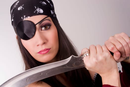 One Eyed Pirate Wench Woman Showing Knife Blade