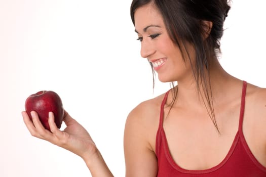 Apple Lover Woman Looks at Fresh Fruit Snack Food