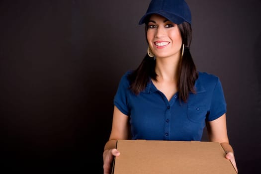 Delivery Service Attractive Woman Brings Food Pizza Delivery