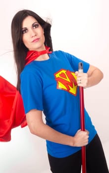 Keep it clean House Wife Holds Mop Modern Super Hero