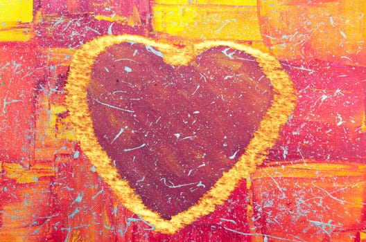 Acrylic painting by our daughter.. Hand painted large red heart with colorful background and flames.