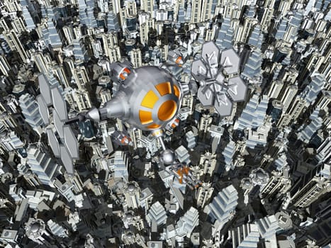 Computer-generated 3D illustration with an alien spaceship over a big city