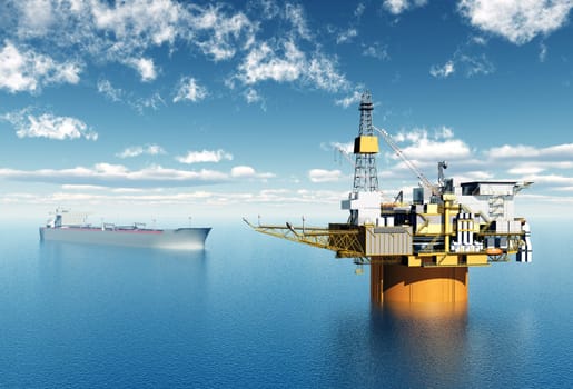 Computer-generated 3D illustration with a drilling rig and a supertanker