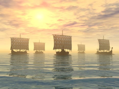 Computer-generated 3D illustration with Viking ships