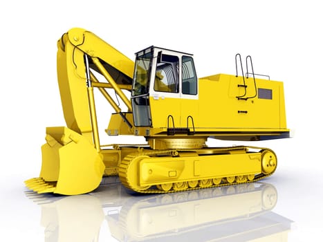 Computer-generated 3D illustration with a crawler excavator against a white background