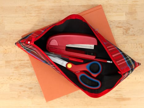 A close up shot of a school pencil case