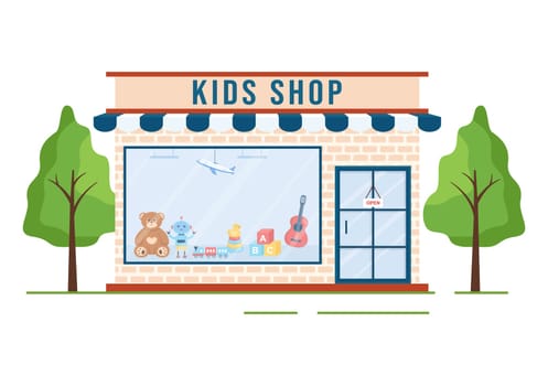 Kids Shop Building Template Hand Drawn Cartoon Flat Style Illustration with Children Equipment such as Clothes or Toys for Shopping Concept
