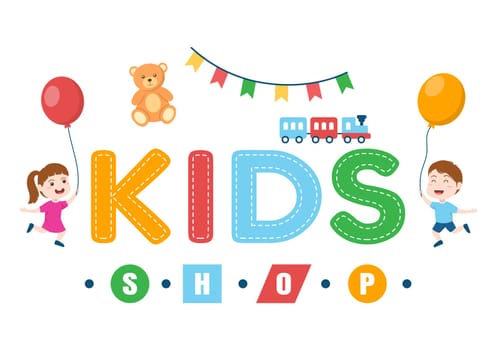 Kids Shop Building Template Hand Drawn Cartoon Flat Style Illustration with Children Equipment such as Clothes or Toys for Shopping Concept