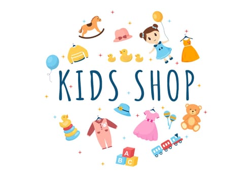 Kids Shop Building Template Hand Drawn Cartoon Flat Style Illustration with Children Equipment such as Clothes or Toys for Shopping Concept