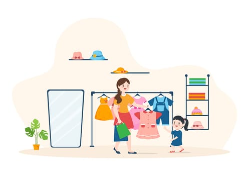 Kids Shop Building Template Hand Drawn Cartoon Flat Style Illustration with Children Equipment such as Clothes or Toys for Shopping Concept