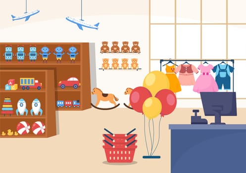 Kids Shop Building Template Hand Drawn Cartoon Flat Style Illustration with Children Equipment such as Clothes or Toys for Shopping Concept